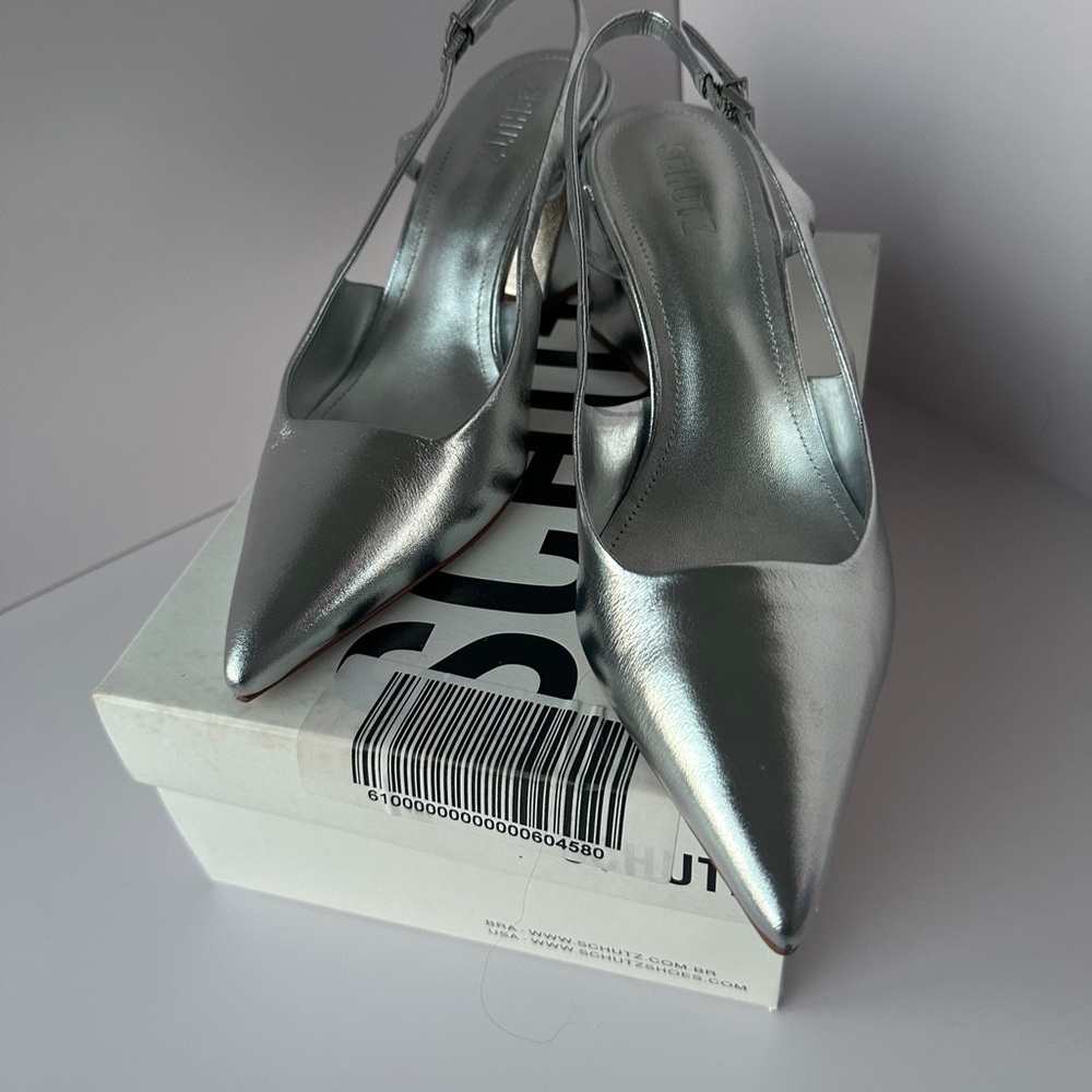 SCHUTZ Shiny Silver Pointed Slingback Heels - Picture 2 of 10